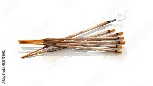Aromatic incense stick bundle with gentle smoke, elegantly isolated on a pristine white background, creating a serene and calming atmosphere