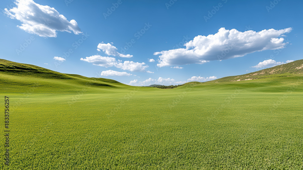 Fototapeta premium Green grass field rolling hill blue sky white cloud open landscape meadow pasture summer horizon