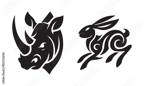 Two stylized tribal animal icons, a rhinoceros head and a running rabbit, presented side by side on a white background, creating a bold and artistic visual representation