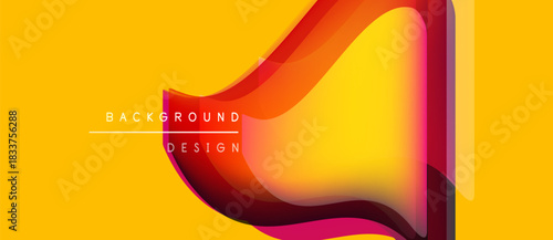 Abstract vibrant design. Yellow backdrop features flowing shapes, gradients, translucent layers. Modern visual element for projects.