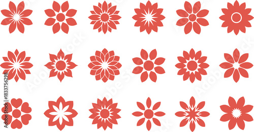 Red flower icons set with various geometric floral shapes, a collection of abstract spring and nature design elements vector graphic.