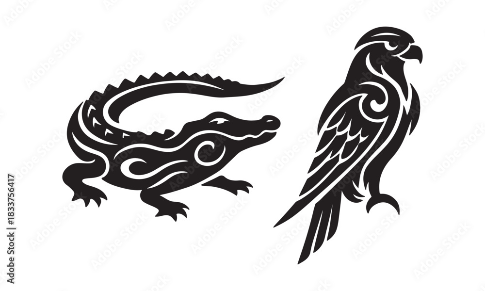 Fototapeta premium Illustration of an alligator and a hawk, artistic, tattoo style, ideal for design projects, vector art, perfect for branding
