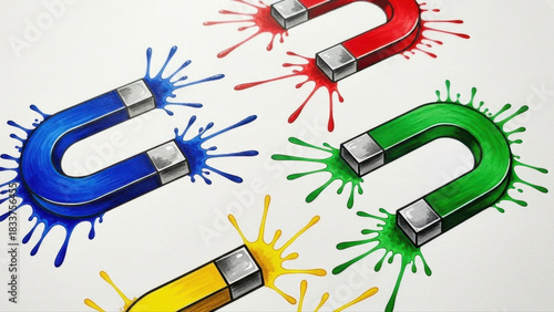 Colorful sticky magnets splashing vibrant paint on isolated white background, featuring blue, red, green, and yellow hues in dynamic composition