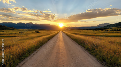 Fototapeta Naklejka Na Ścianę i Meble -  Golden sunset road field horizon sunrise meadow open landscape