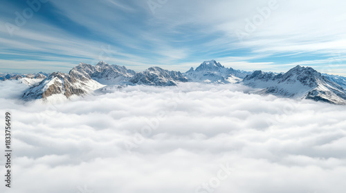 Snowy mountain peak above soft cloud sea, serene high altitude landscape