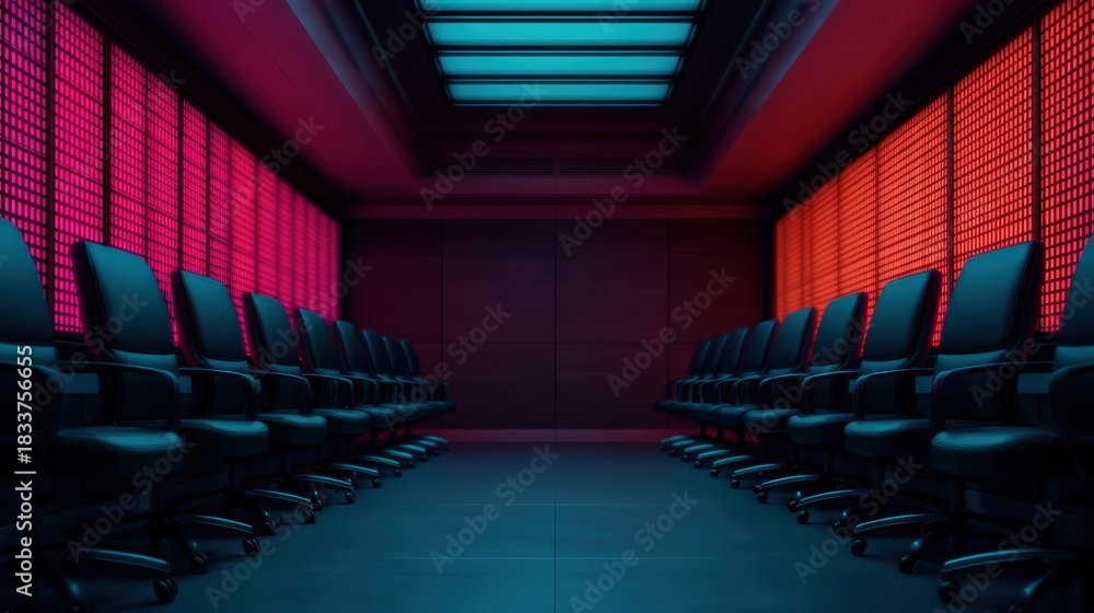 Obraz premium A futuristic conference room with sleek black chairs, illuminated by vibrant red and blue lighting, creating a dramatic and modern atmosphere.