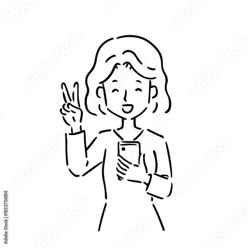 線画・スマホを持って笑顔でピースしている若い女性