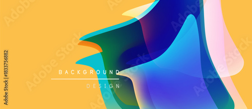 Abstract fluid shapes overlap, creating vibrant color gradients. Yellow background complements blue, green, pink hues. Modern design element.