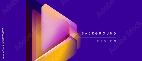 Abstract geometric shapes overlap, creating vibrant gradient effect. Purple background complements orange, pink hues. Modern design element.
