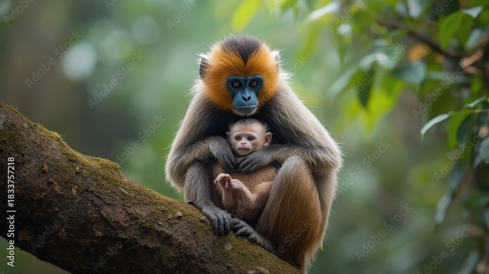 Obraz premium Golden snub nosed monkey mother holding baby in tree