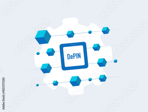 DePIN network illustration - decentralized physical infrastructure network with blockchain nodes. Depin blockchain modern flat vector concept 2026