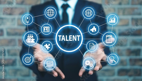 Business person using virtual touch screen presses the word TALENT. Business recruitment or we are hiring concept. Job unique talents skills search. Looking for talent. New Career Opportunities new 