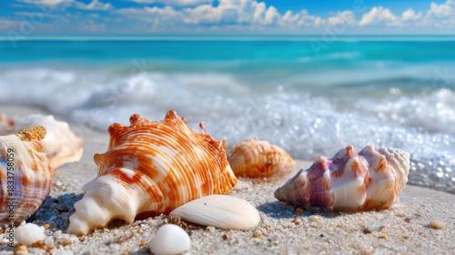 Colorful seashells are placed on a sandy beach as gentle waves crash nearby. The clear blue water and bright sky create a peaceful atmosphere inviting relaxation and exploration.