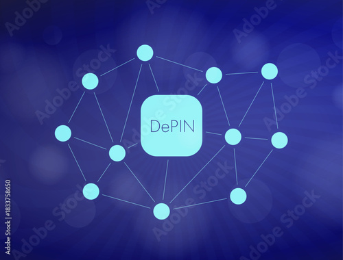 DePIN network connects global devices. Depin network decentralizes physical infrastructure with blockchain nodes connectivity for 2026 digital business and technology scalability. Vector illustration
