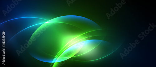 Abstract glowing shapes overlap, creating vibrant light effects. Dark background emphasizes luminosity, smooth gradients present.