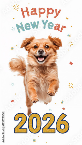 軽快に跳ねる犬とミニマルな白背景を組み合わせた2026年のハッピーニューイヤー向け縦構図デザイン. 生成AI