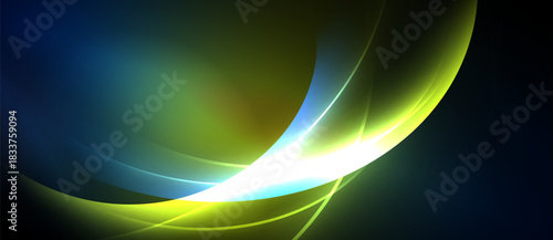 Abstract design features flowing curves, vibrant colors. Blue, green, yellow hues blend, creating dynamic visual effect. Bright light accentuates form.