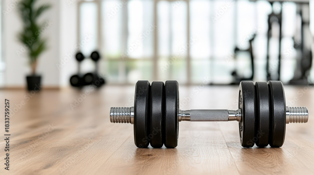 Fototapeta premium Adjustable dumbbell on gym floor with soft natural light and calm atmosphere