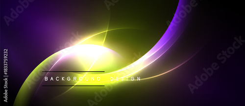 Abstract design features vibrant purple, green hues. Bright light radiates from center, creating dynamic flow. Text reads background design.