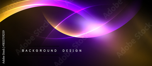 Abstract design features vibrant curves, glowing lines. Purple, gold hues dominate dark background. Modern aesthetic, dynamic composition.
