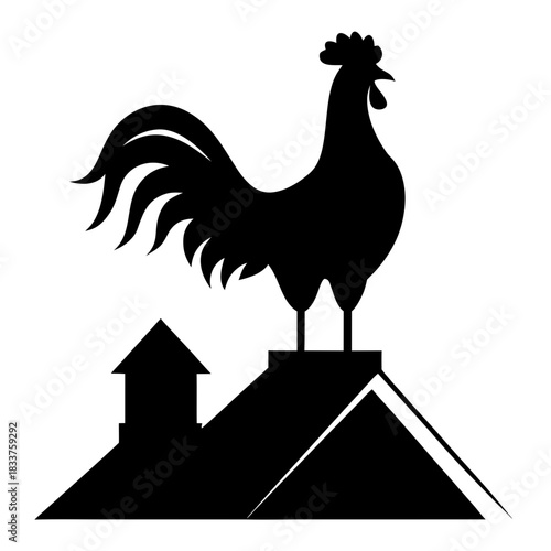 Silhouette of a rooster weather vane atop a rooftop