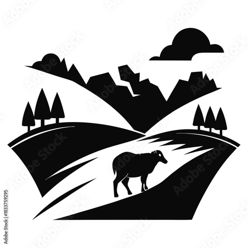 Silhouette of a sheep grazing in a rural landscape with mountains
