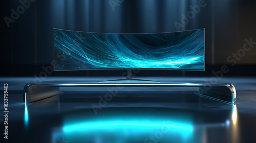 Futuristic Curved Monitor Displaying Abstract Blue Digital Wave on Sleek Stand, Modern Technology Concept