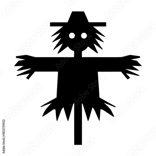 Simple black silhouette of a scarecrow on a white background