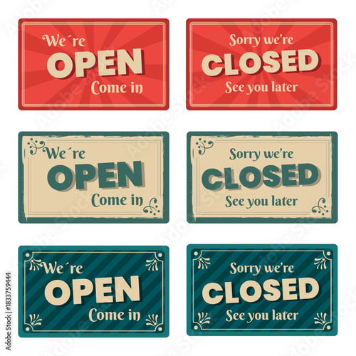 Modern Open and Closed Sign Vector Set. Retro Style Shop Labels. Design Illustration