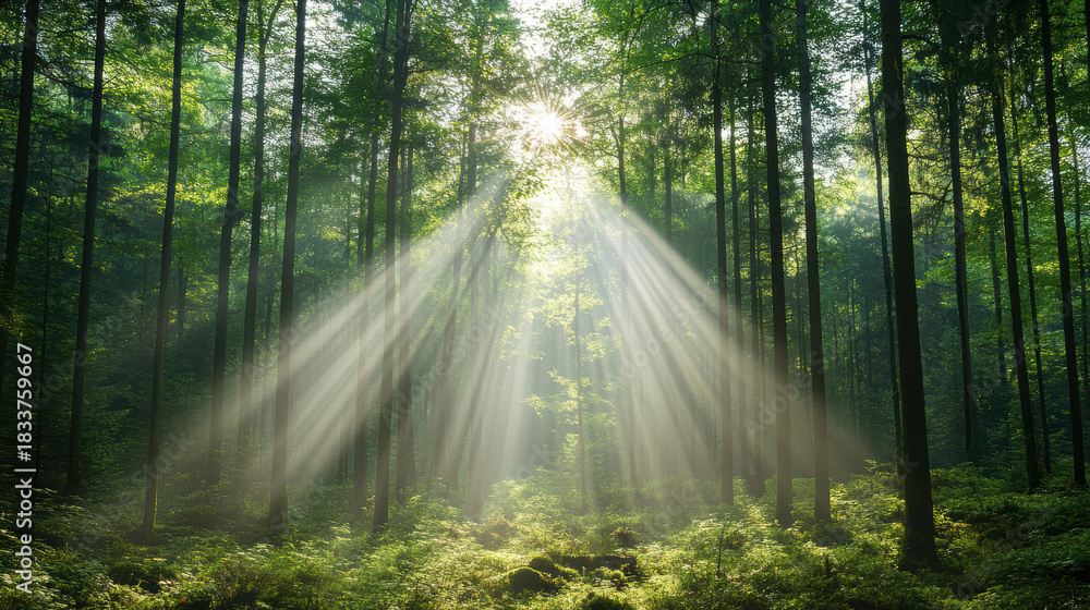 Fototapeta premium Sunlight beam forest canopy morning rays peaceful green woodland