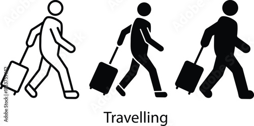 Tourist Walking Pulling Suitcase Rolling Luggage Airport Icon Vector Silhouette and Pictogram..eps
