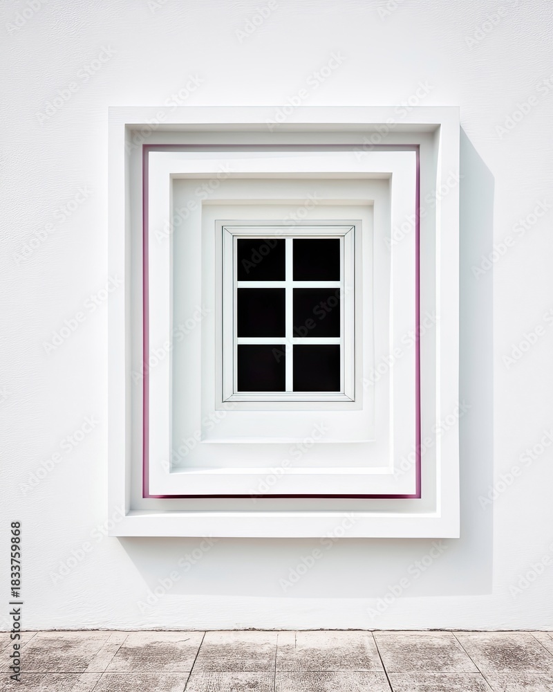 Fototapeta premium A modern art installation featuring a series of nested window frames on a white wall, creating a sense of depth and perspective. The composition is clean and mi