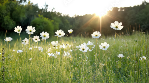 Fototapeta Naklejka Na Ścianę i Meble -  White wildflower meadow sunlit gentle breeze peaceful summer morning