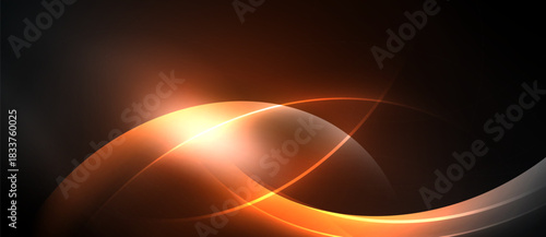 Abstract design features bright orange curves, glowing light source, dark background. Smooth shapes create dynamic visual impact.