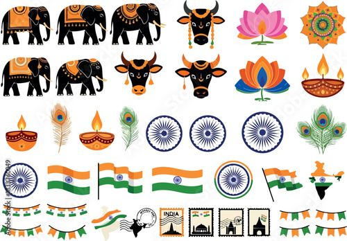 Indian Cultural Elements Collection Elephants, Cow, Lotus, Flag & More