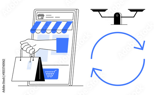 E-commerce, online retail, sustainable shopping, circular economy, eco-consciousness, modern business solutions. A smartphone with a storefront, hand holding shopping bags, and a recycling symbol