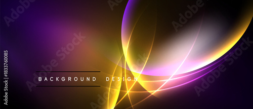 Abstract background features vibrant purple, orange, yellow gradients. Curved lines create dynamic light effects, modern design element.