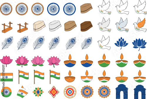 Indian Independence Day Icons Set Cultural Heritage, Patriotism, and Celebrations
