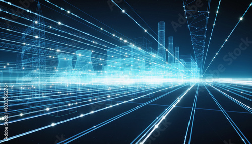 Wallpaper Mural Digital Cityscape: A vibrant digital representation of a modern cityscape, infused with glowing lines of data and futuristic design, capturing the essence of technological advancements. Torontodigital.ca