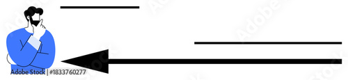 Decision-making concept. A thoughtful man beside bold arrows indicating direction and choices. Decision-making highlighted in business, strategy, leadership, education, and psychology