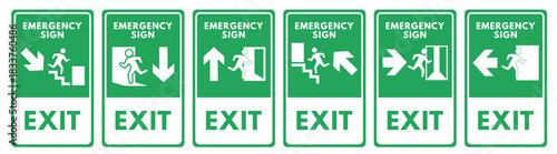 Green Emergency Exit Sign Vector Set. Safety Evacuation Direction Icons. Design Illustration