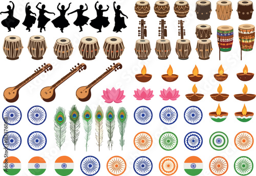 Vibrant India Culture Icons Set Traditional Music, Dance, and Symbols