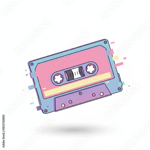 A colorful retro cassette tape with pastel gradients, floating with pixel-like shapes for a nostalgic digital feel.