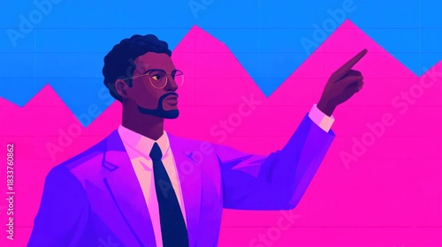 A vibrant illustration of a man in a suit pointing upward, symbolizing growth and success against a colorful background.