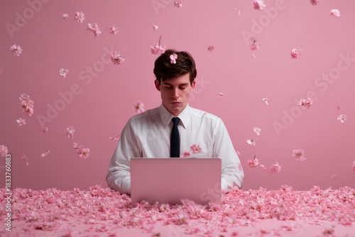 A focused man in a suit works on a laptop surrounded by pink flower petals, creating a serene and artistic atmosphere.