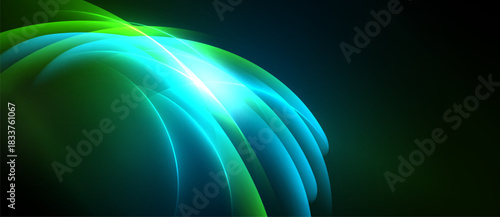 Abstract flowing lines create luminous wave effect. Bright light emanates from center, dark background enhances contrast.