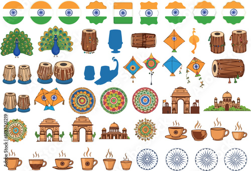 Indian Heritage Icons Celebrating Culture and Landmarks of India in Vector Art