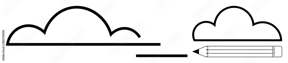 Naklejka premium Design, creativity, brainstorming, sketching, innovation, cloud computing. Minimalist design showing clouds and a pencil. Creativity and sketching concepts in this modern design