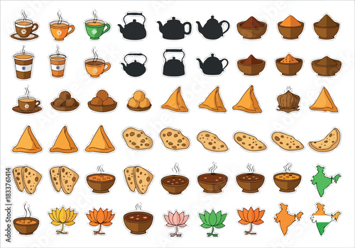 Set of Indian Food and Tea Elements Illustration