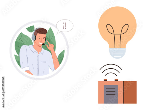 Customer service representative with headset addressing problem, surrounded by a light bulb and wireless modem. Ideal for technology, communication, solutions, innovation, support, customer service